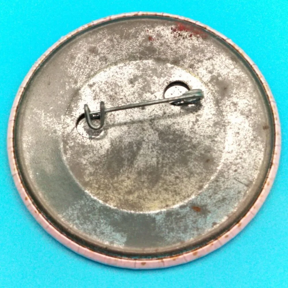 Nuke Camp Woody Pinback Button Atomic Age Humor Military WW2 Vet Estate